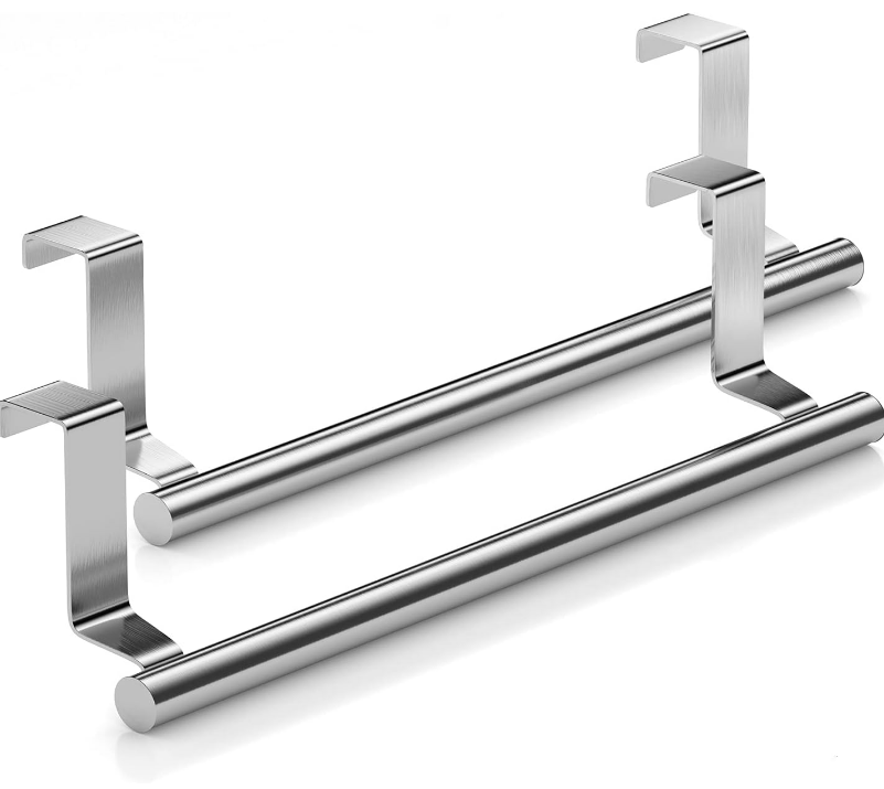 Steel Over Door Towel Rack Bar Holders for Universal Fit on Over Cabinet Cupboard Doors 2 Pack (Sliver)