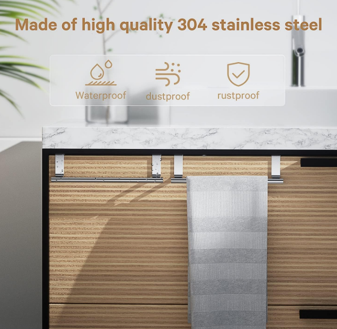 Steel Over Door Towel Rack Bar Holders for Universal Fit on Over Cabinet Cupboard Doors 2 Pack (Sliver)