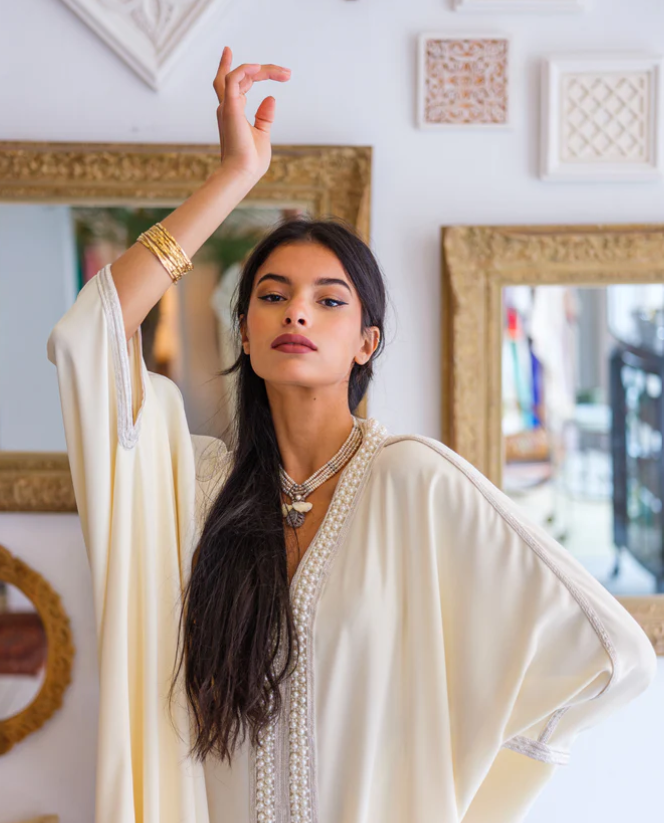 Elegant Cream Kaftan Dress -Crepe fabric