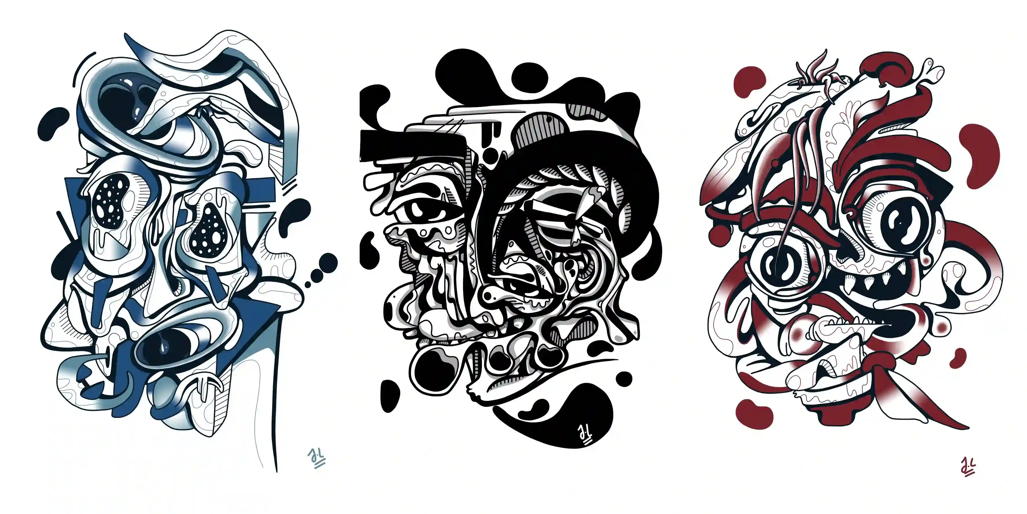 Trois visages cartes postales : Bleu – Noir – Rouge