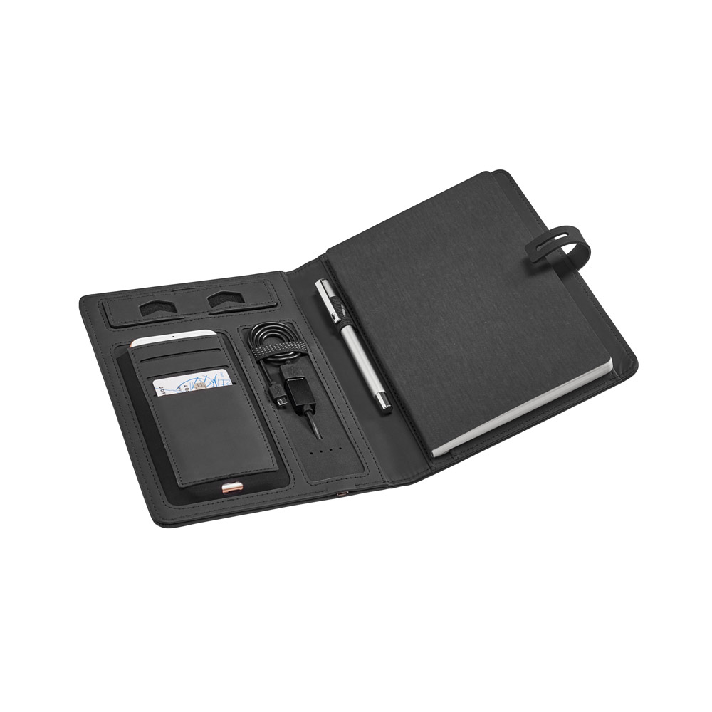 Pasta A5 em couro sintético com bateria portátil embutida (lítio) 4.000 mAh e folhas pautadas