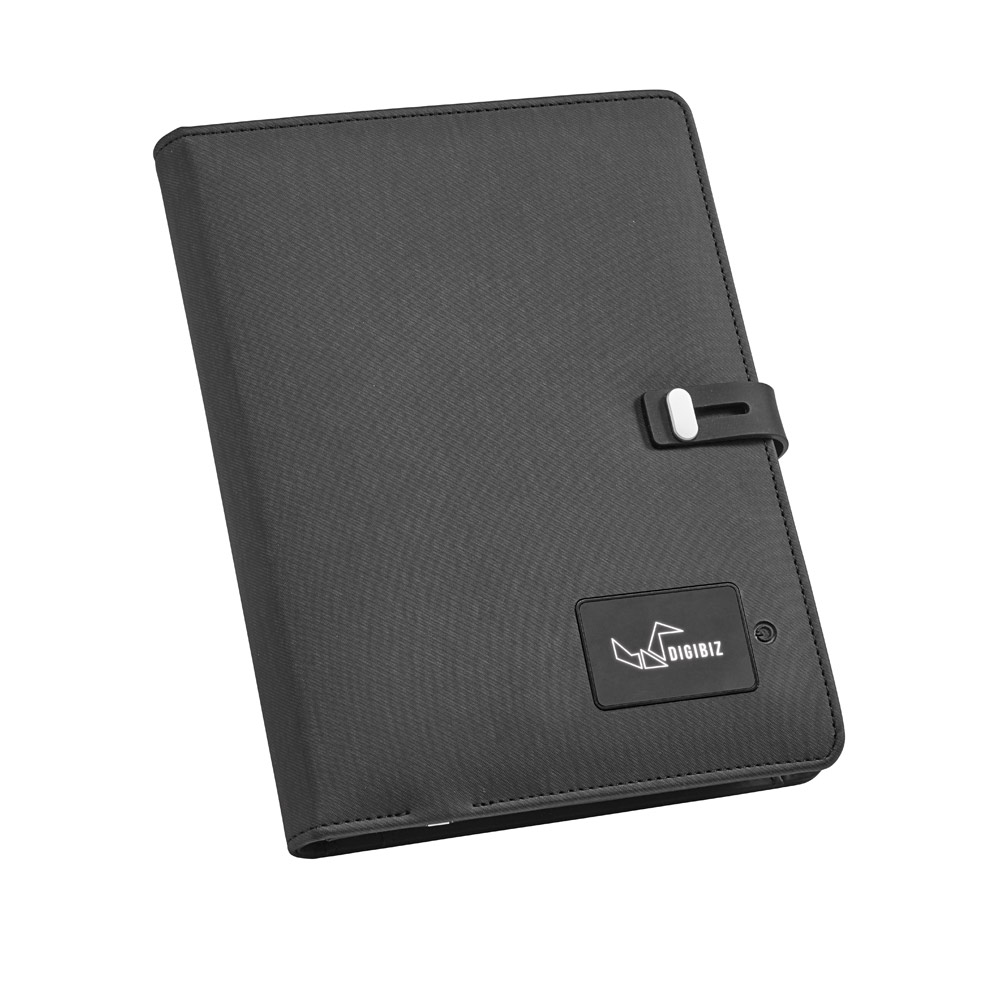Pasta A5 em couro sintético com bateria portátil embutida (lítio) 4.000 mAh e folhas pautadas