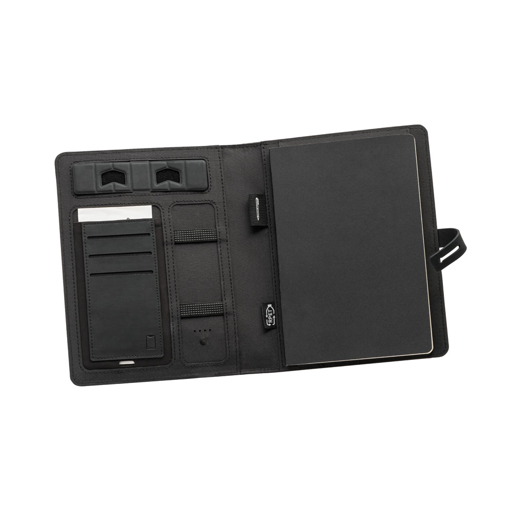 Pasta A5 em 300D poliéster reciclado (100% rPET) com carregador wireless embutido 5.000 mAh