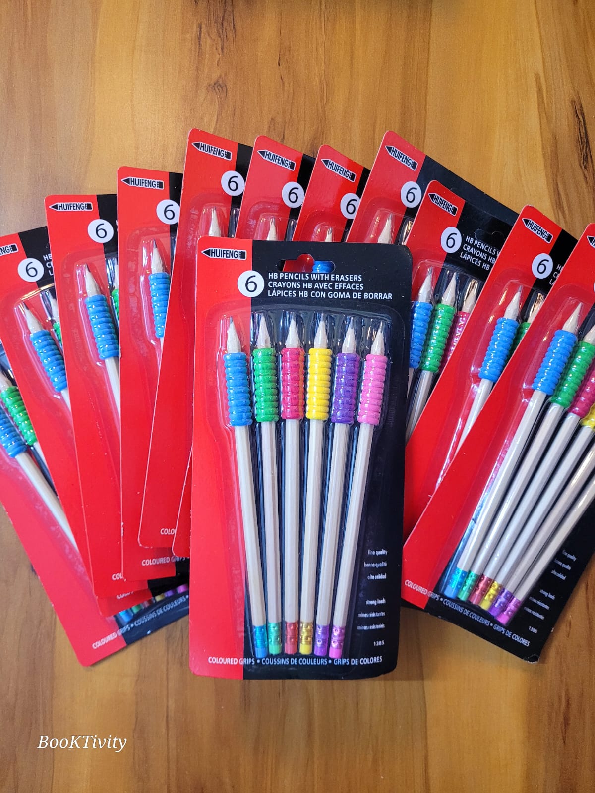 Soft coloured cushion grip HB dark black wooden body Pencil with coloured eraser on the back. Set of 6 in a pack.