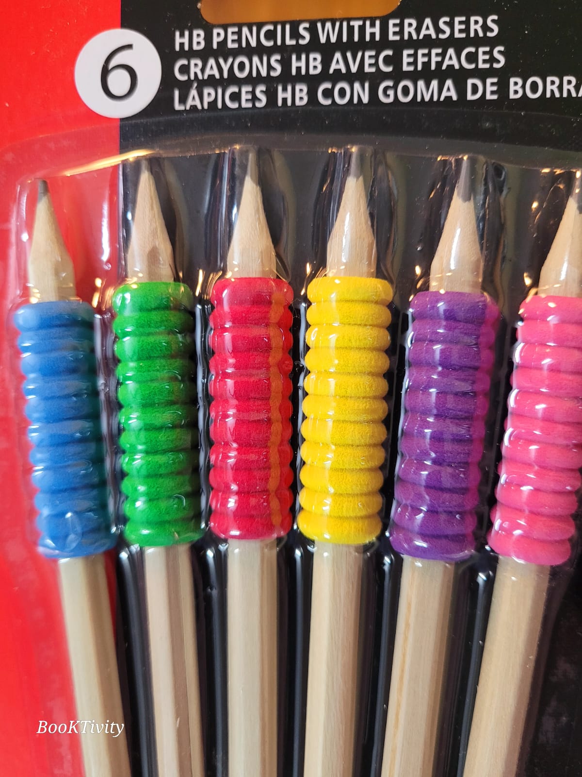 Soft coloured cushion grip HB dark black wooden body Pencil with coloured eraser on the back. Set of 6 in a pack.