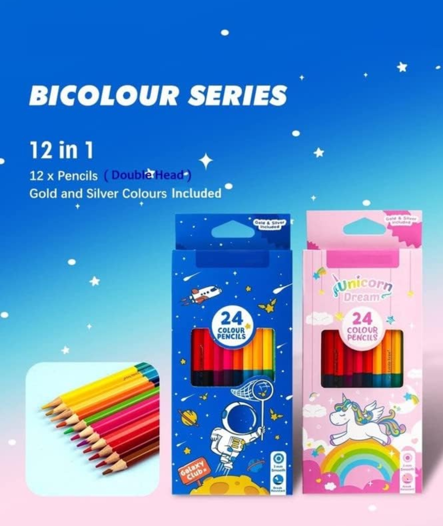 Bicolour Series Colour Pencils 12 in 1 , 24 colour pencil. 