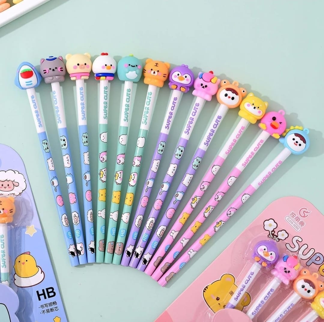 Super Cute Pencil Set of 12 and 12 cartoon eraser 