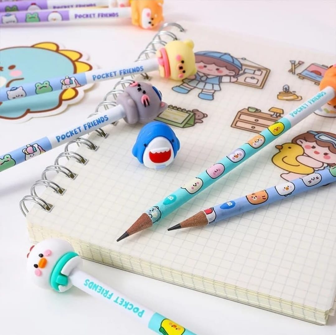Super Cute Pencil Set of 12 and 12 cartoon eraser 