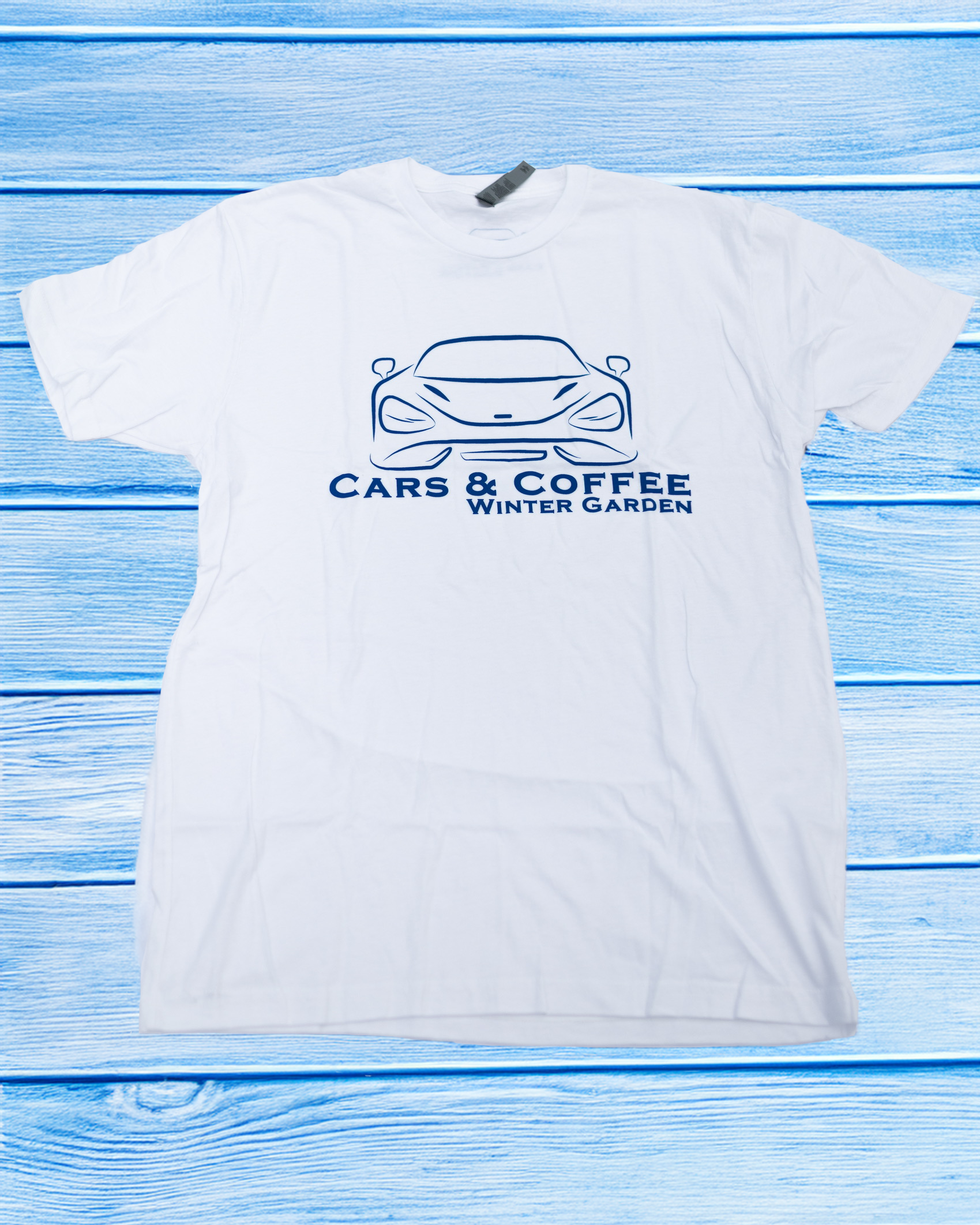 White & Blue Cars and Coffee Retro Logo T-Shirt