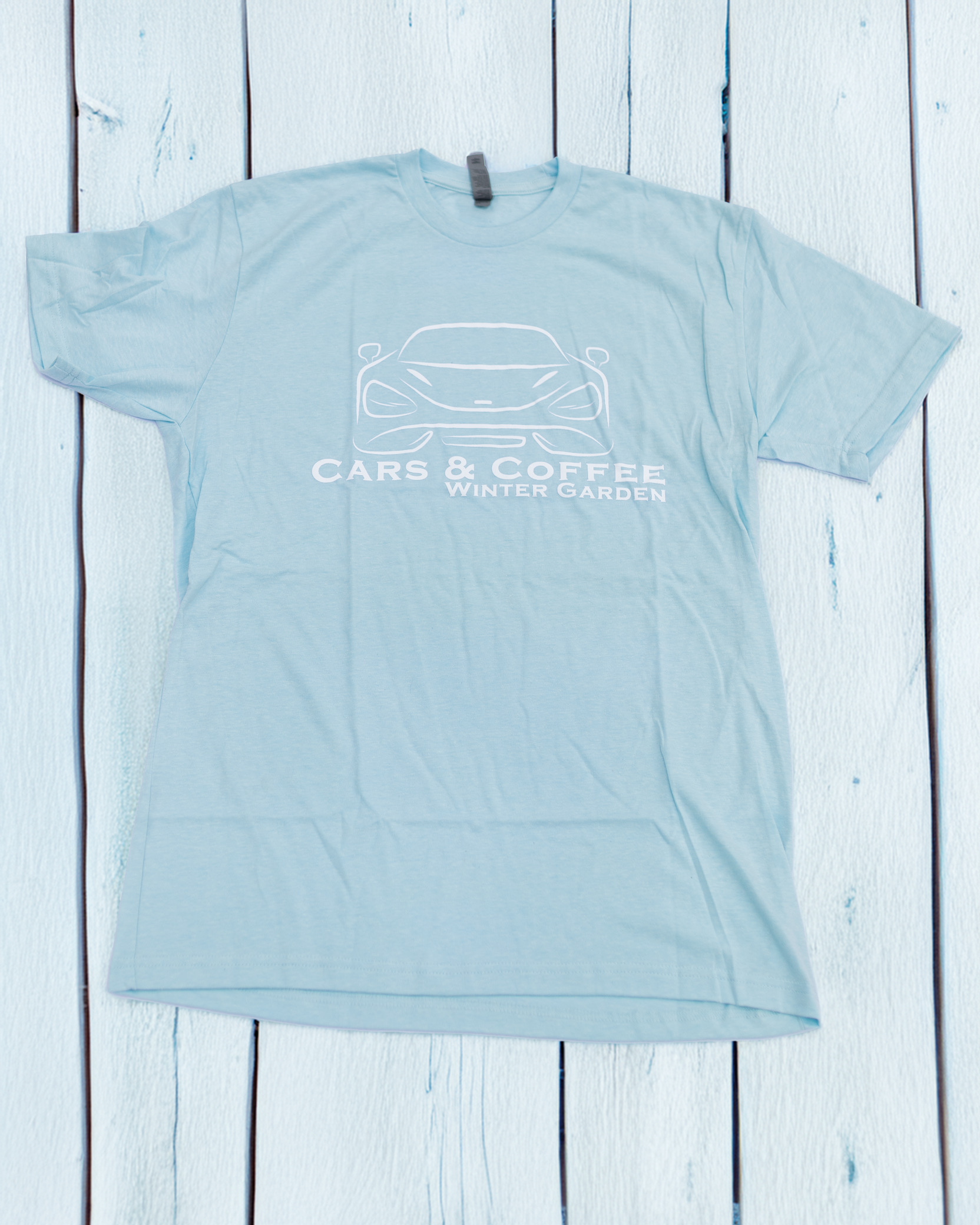 Light Blue & White Cars and Coffee Retro Logo T-Shirt