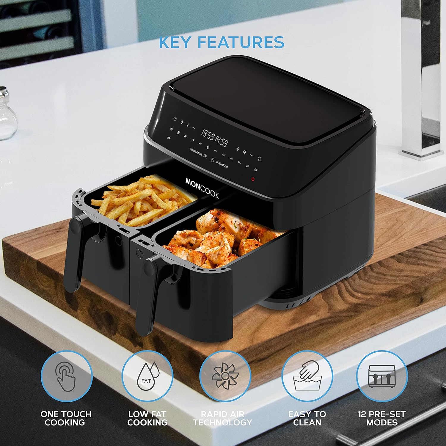 MONCOOK Double Air Fryer - 2 In 1 Airfryer 9L With x 4.5L Baskets 50 Recipe Cookbook Smart Finish Function Digital LED Display 12 Pre-Set Cooking Programs Healthy Oil-free