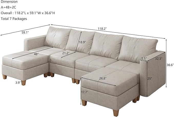 EASE MOOSE Modular Sectional Sofa with Storage, Faux Leather Sectional Couch U Shaped Sectional Couches for Living Room, Whitesand