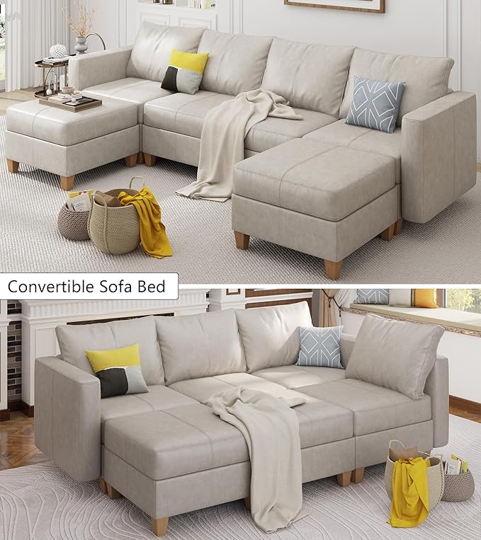 EASE MOOSE Modular Sectional Sofa with Storage, Faux Leather Sectional Couch U Shaped Sectional Couches for Living Room, Whitesand