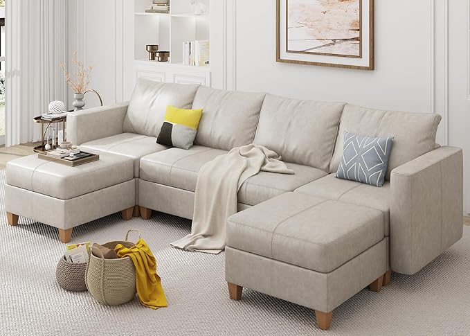 EASE MOOSE Modular Sectional Sofa with Storage, Faux Leather Sectional Couch U Shaped Sectional Couches for Living Room, Whitesand