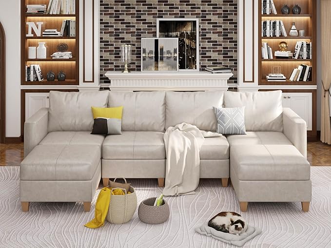 EASE MOOSE Modular Sectional Sofa with Storage, Faux Leather Sectional Couch U Shaped Sectional Couches for Living Room, Whitesand