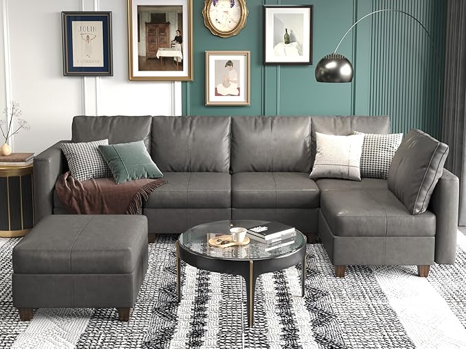 EASE MOOSE Customizable Modular Sectional Sofa with Storage Ottomans, Faux Leather L Shape Sectional Couch Convertible Modular Sofa with Reversible Chaises, Grey
