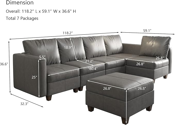 EASE MOOSE Customizable Modular Sectional Sofa with Storage Ottomans, Faux Leather L Shape Sectional Couch Convertible Modular Sofa with Reversible Chaises, Grey