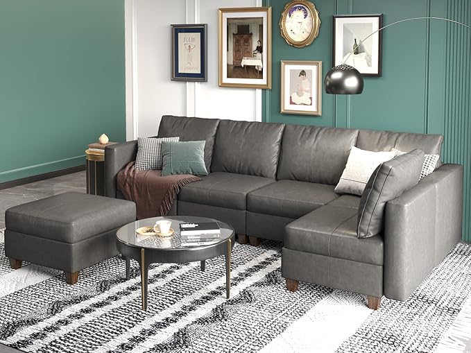 EASE MOOSE Customizable Modular Sectional Sofa with Storage Ottomans, Faux Leather L Shape Sectional Couch Convertible Modular Sofa with Reversible Chaises, Grey