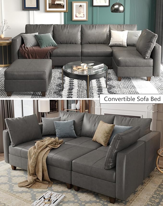 EASE MOOSE Customizable Modular Sectional Sofa with Storage Ottomans, Faux Leather L Shape Sectional Couch Convertible Modular Sofa with Reversible Chaises, Grey