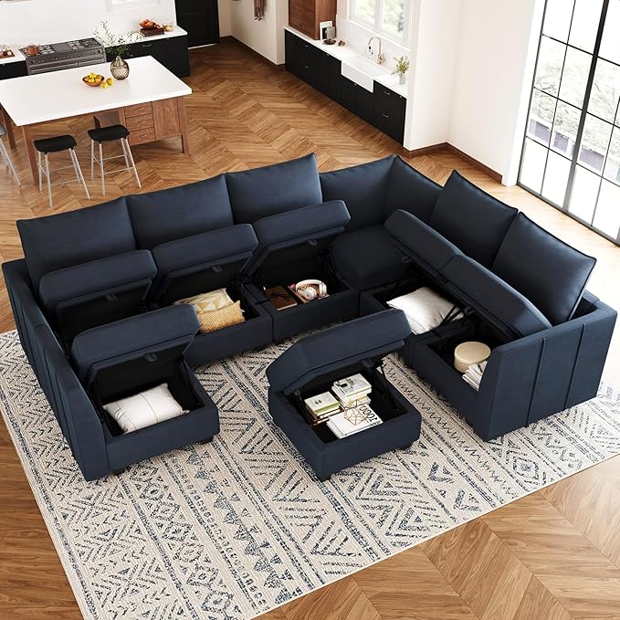 Belffin Oversized Modular Sectional Sofa U Shaped Couch with Storage Ottoman Velvet Sectional Couch for Living Room, Blue