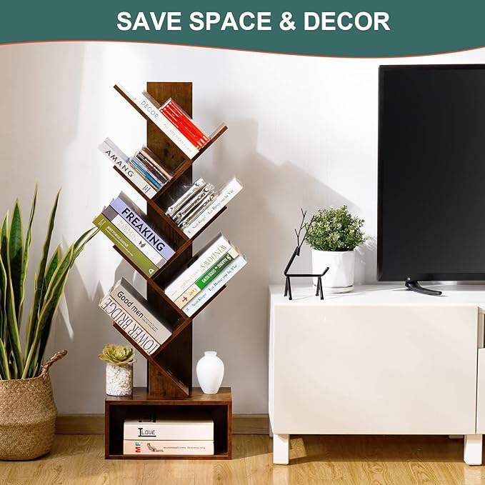 Yoobure Tree Bookshelf - 6 Shelf Retro Floor Standing Bookcase, Tall Wood Book Storage Rack for CDs/Movies/Books, Utility Book Organizer Shelves for Bedroom, Living Room, Home Office
