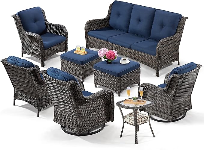 Joyside Wicker Patio Furniture Sets 8 Piece Set with 3-Seat Sofa, 2 Swivel Rocking Armchairs, 2 Armchairs, 2 Ottoman and 1 Side Table Wicker Outdoor Furniture Sectional Conversation Set, Blue