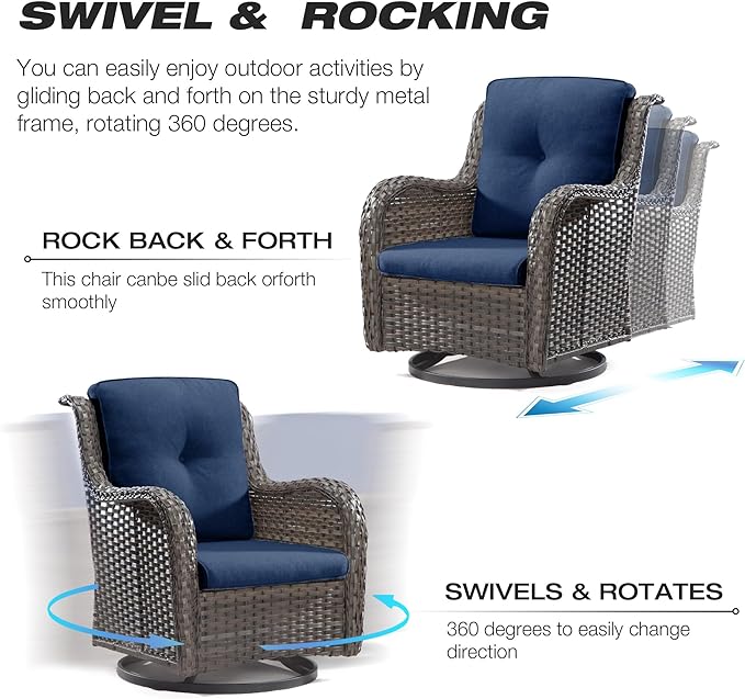 Joyside Wicker Patio Furniture Sets 8 Piece Set with 3-Seat Sofa, 2 Swivel Rocking Armchairs, 2 Armchairs, 2 Ottoman and 1 Side Table Wicker Outdoor Furniture Sectional Conversation Set, Blue