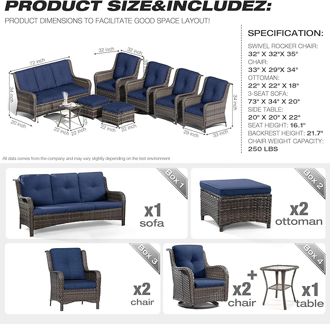 Joyside Wicker Patio Furniture Sets 8 Piece Set with 3-Seat Sofa, 2 Swivel Rocking Armchairs, 2 Armchairs, 2 Ottoman and 1 Side Table Wicker Outdoor Furniture Sectional Conversation Set, Blue