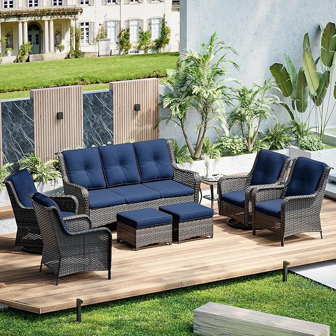 Joyside Wicker Patio Furniture Sets 8 Piece Set with 3-Seat Sofa, 2 Swivel Rocking Armchairs, 2 Armchairs, 2 Ottoman and 1 Side Table Wicker Outdoor Furniture Sectional Conversation Set, Blue