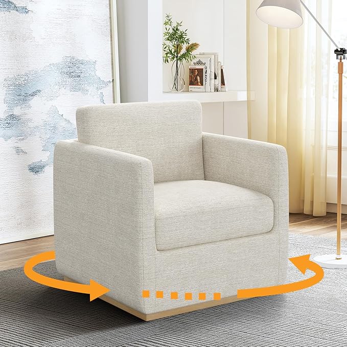 Swivel Accent Chair, Premium Barrel Chair for Living Room, Comfy Single Sofa Chair, Round Swivel Couch Chair, Living Room Chairs for Adults, Accent Bucket Chairs for Club/Bedroom, Linen Ivory