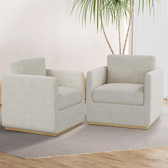 Swivel Accent Chair, Premium Barrel Chair for Living Room, Comfy Single Sofa Chair, Round Swivel Couch Chair, Living Room Chairs for Adults, Accent Bucket Chairs for Club/Bedroom, Linen Ivory