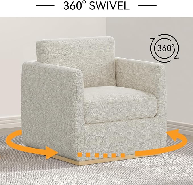 Swivel Accent Chair, Premium Barrel Chair for Living Room, Comfy Single Sofa Chair, Round Swivel Couch Chair, Living Room Chairs for Adults, Accent Bucket Chairs for Club/Bedroom, Linen Ivory