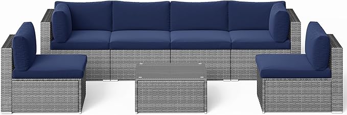 SUNVIVI OUTDOOR 7 Piece Patio Furniture Sets All Weather Grey PE Wicker Couch Sofa with Glass Table, Removable Navy Blue Cushions