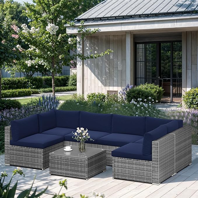 SUNVIVI OUTDOOR 7 Piece Patio Furniture Sets All Weather Grey PE Wicker Couch Sofa with Glass Table, Removable Navy Blue Cushions