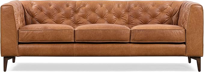 Poly & Bark Essex Leather Couch – 89-Inch Sofa with Tufted Back - Full Grain Leather Couch with Feather-Down Topper On Seating Surfaces – Vintage Pure-Aniline Italian Leather – Cognac Tan