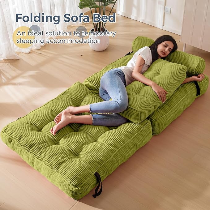 MAXYOYO Folding Sofa Bed, Convertible Sleeper Chair with Pillow Foldable Mattress with Back Support, Portable Fold Out Chair Bed Comfy Floor Sofa Lounge for Living Room Bedroom, Green, Single