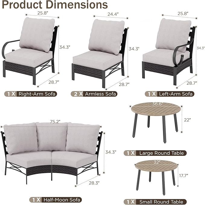 PHI VILLA Half-Moon Patio Furniture Set 8 Piece, Curved Outdoor Sectional Sofa Conversation Sets for 6 Persons with 2 Coffee Table for Garden, Poolside, Balcony, Backyard