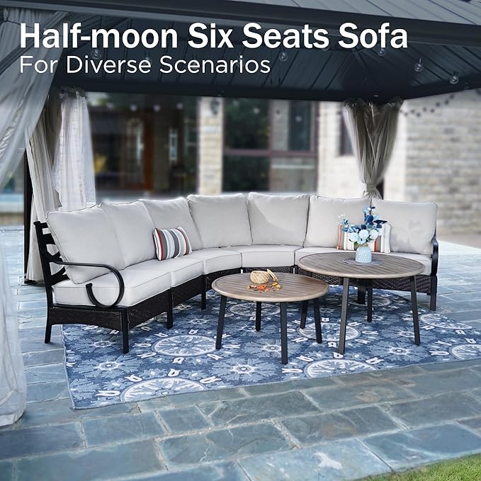 PHI VILLA Half-Moon Patio Furniture Set 8 Piece, Curved Outdoor Sectional Sofa Conversation Sets for 6 Persons with 2 Coffee Table for Garden, Poolside, Balcony, Backyard