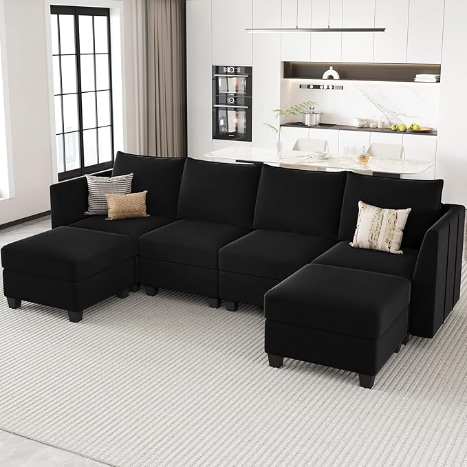 Belffin Modular Sectional Sofa U Shaped Couch with Storage Velvet Sectional Couch for Living Room, Black