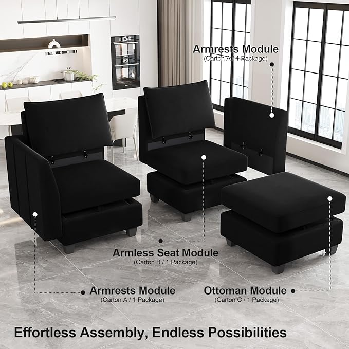 Belffin Modular Sectional Sofa U Shaped Couch with Storage Velvet Sectional Couch for Living Room, Black