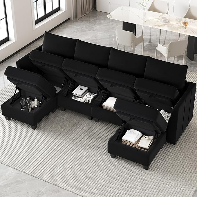Belffin Modular Sectional Sofa U Shaped Couch with Storage Velvet Sectional Couch for Living Room, Black