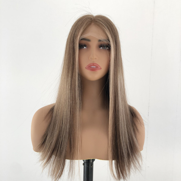 18 INCH Brown Balayage Remy Human Hair Lace Front Jewish Wig