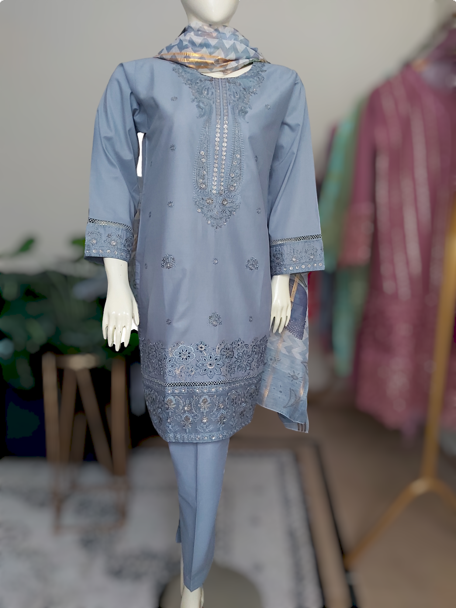 3 Piece Embroidered Chikankari Suite D-01
