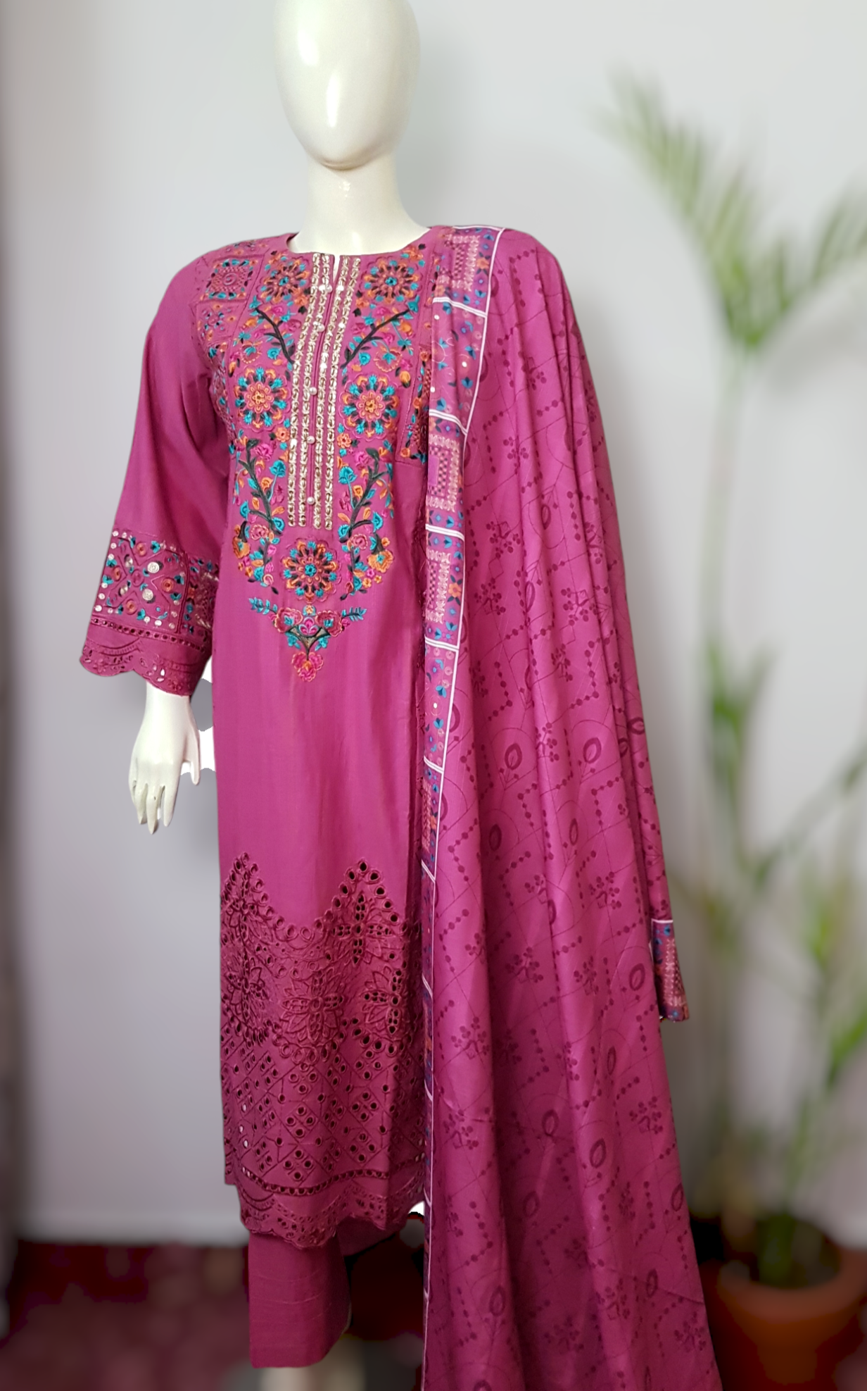 3 Piece Embroidered Chikankari Khaddar Suite D-01