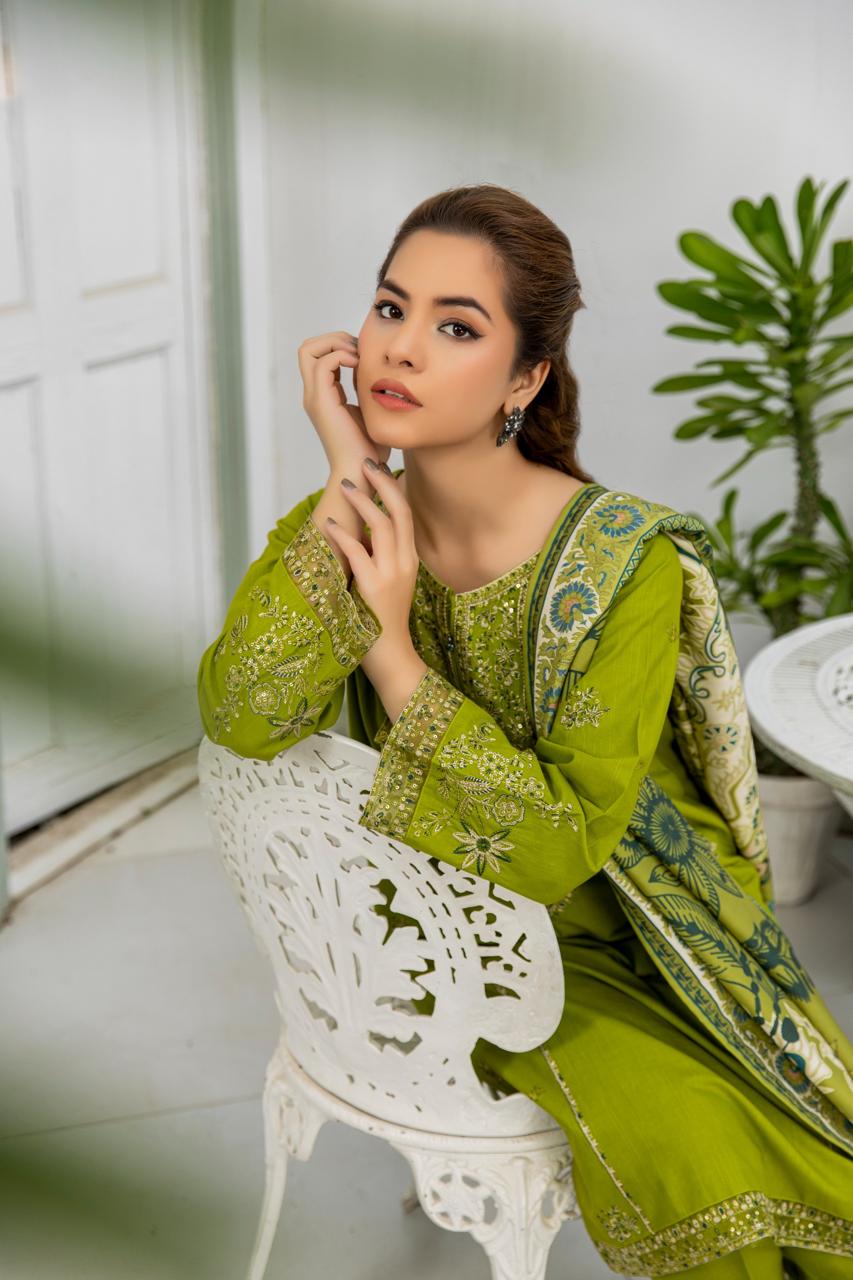 3 Piece Sequence Embroidered Khaddar Suite with Shawl Dupatta D-04