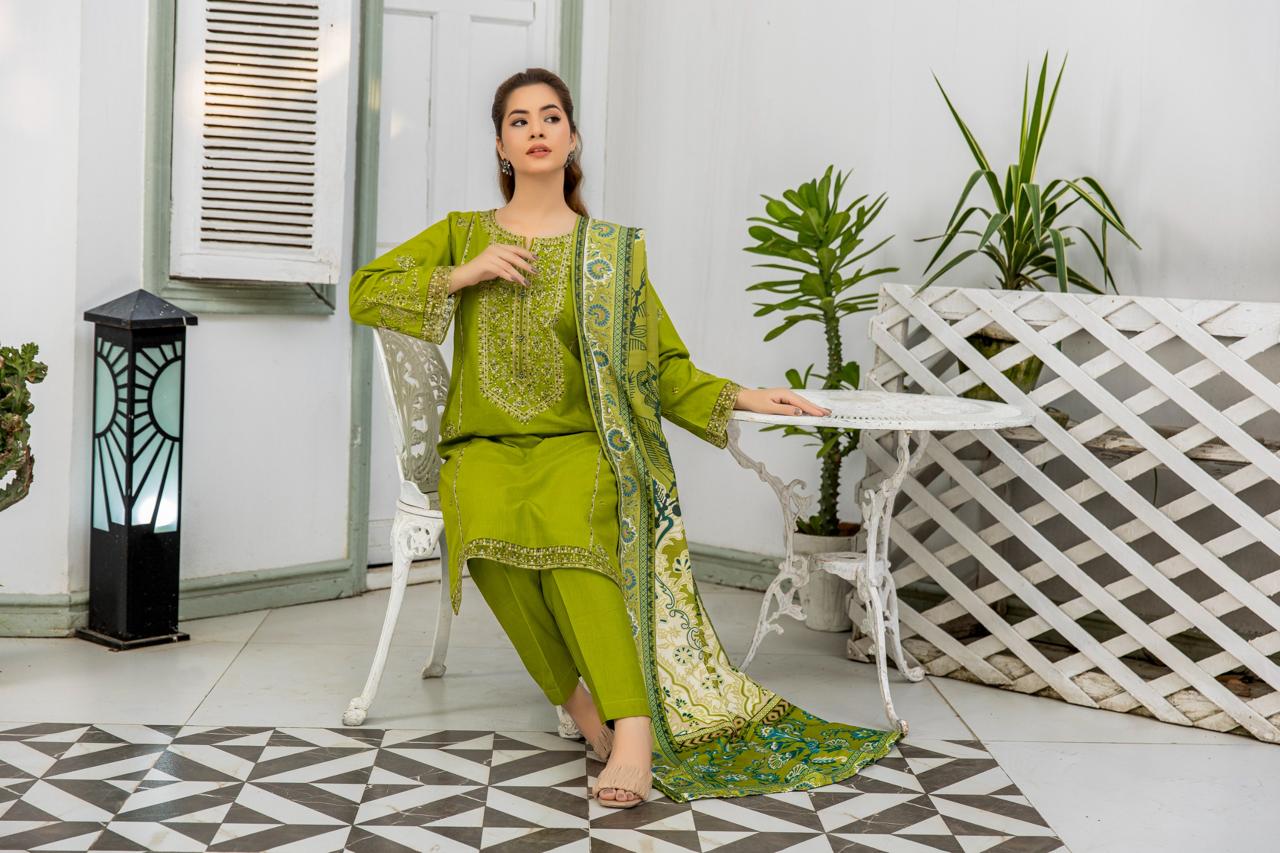 3 Piece Sequence Embroidered Khaddar Suite with Shawl Dupatta D-04