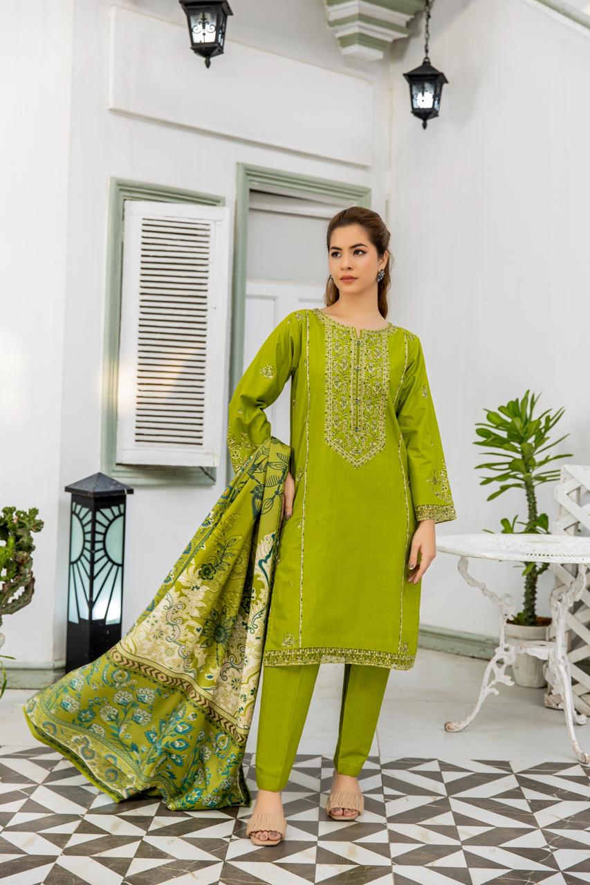 3 Piece Sequence Embroidered Khaddar Suite with Shawl Dupatta D-04