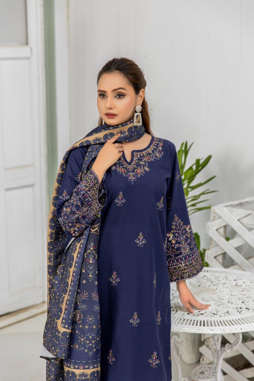 3 Piece Sequence Embroidered Khaddar Suite with Shawl Dupatta D-01