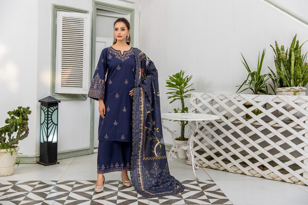 3 Piece Sequence Embroidered Khaddar Suite with Shawl Dupatta D-01