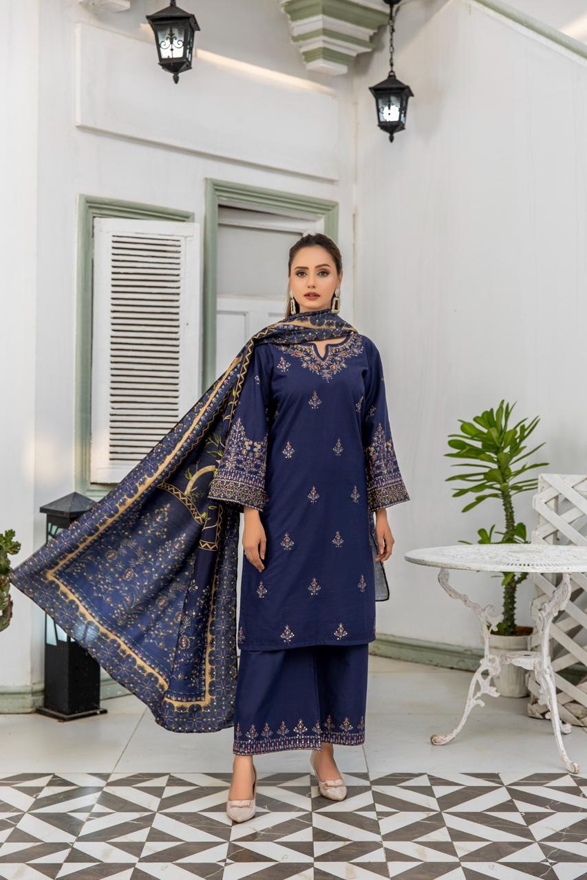 3 Piece Sequence Embroidered Khaddar Suite with Shawl Dupatta D-01